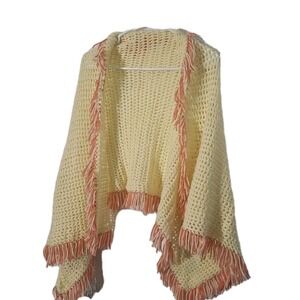 Chrochet Handmade Granny Shawl Lap Blanket Table Runner Yellow Coral Fringe
